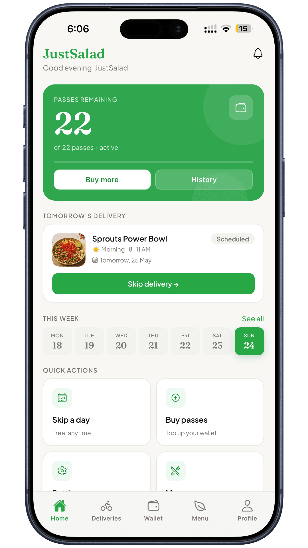 JustSalad app home screen showing meal pass and tomorrow's delivery