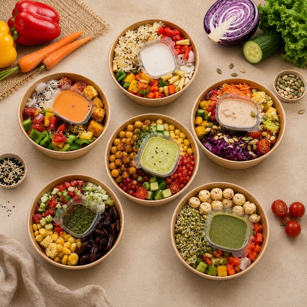 Multiple fresh salad bowls